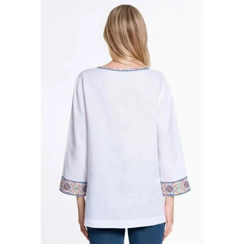 John Mark Womens Medium White Embroidered Sequin 3/4 Sleeve Linen Tunic NEW - Picture 2 of 2